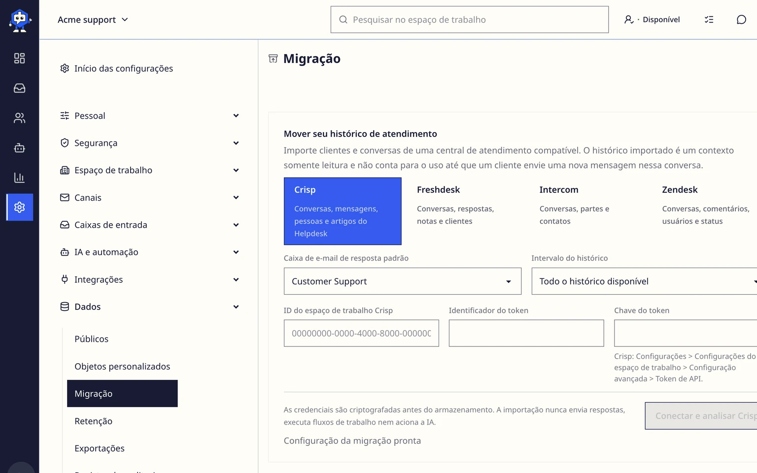 Migrar do Crisp: Conectar e analisar o Crisp, 2. Selecione a caixa de e-mail de resposta de destino e o período do histórico.