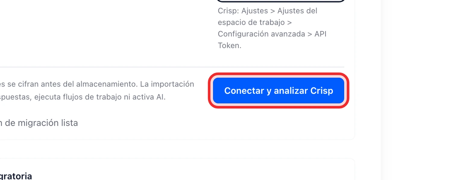 Migrar desde Crisp: Conecta y analiza Crisp, 4. Selecciona Conectar y analizar Crisp.