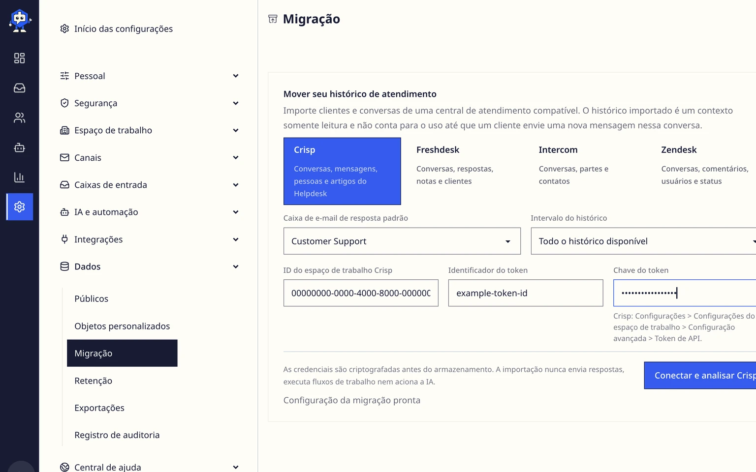 Migrar do Crisp: Conectar e analisar o Crisp, 4. Selecione Conectar e analisar o Crisp.