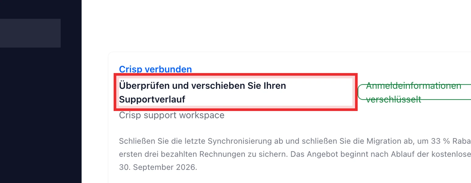 Von Crisp zu DobroDesk wechseln: Crisp verbinden und analysieren, 5. Prüfen Sie gefundene Crisp-Posteingänge, Konversationsfelder, die Zahl der Helpdesk-Artikel und Warnungen.