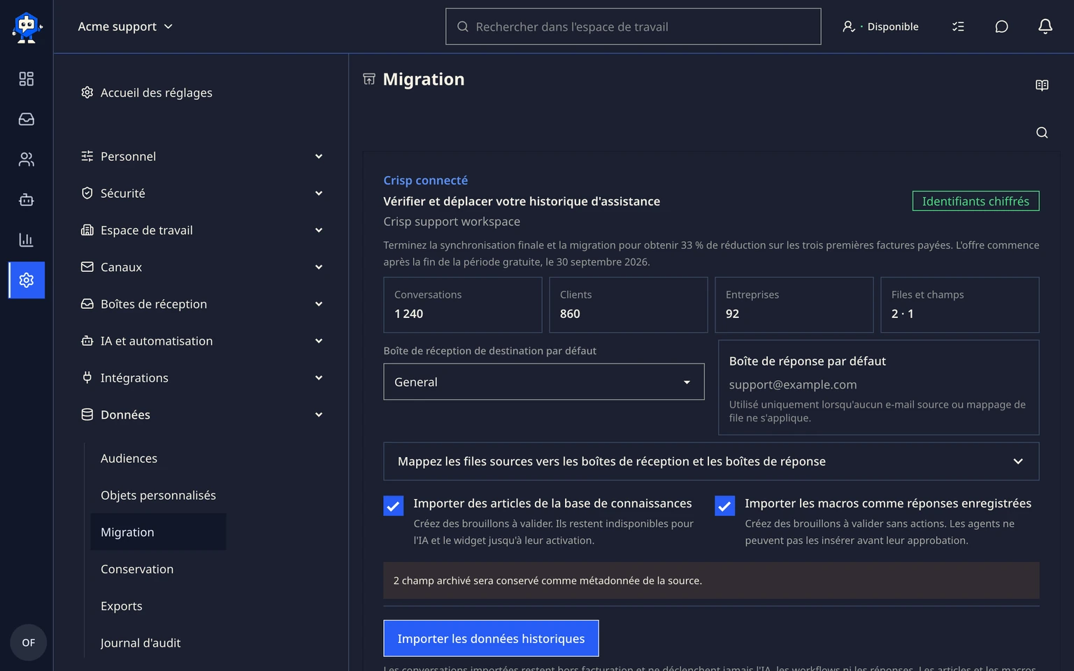 Migrer depuis Crisp: Connecter et analyser Crisp, 5. Examinez les boîtes de réception Crisp détectées, les champs des conversations, le nombre d'articles de la base de connaissances et les avertissements.