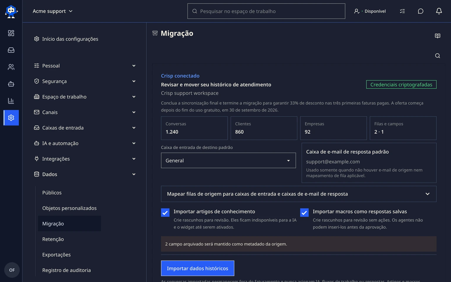 Migrar do Crisp: Conectar e analisar o Crisp, 5. Revise as caixas de entrada do Crisp detectadas, os campos das conversas, a quantidade de artigos da base de conhecimento e os avisos.