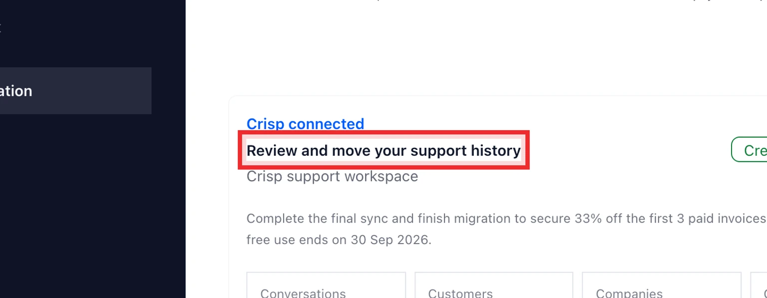 Migrate from Crisp: Connect and analyze Crisp, 5. Review detected Crisp inboxes, conversation fields, Helpdesk article count and warnings.