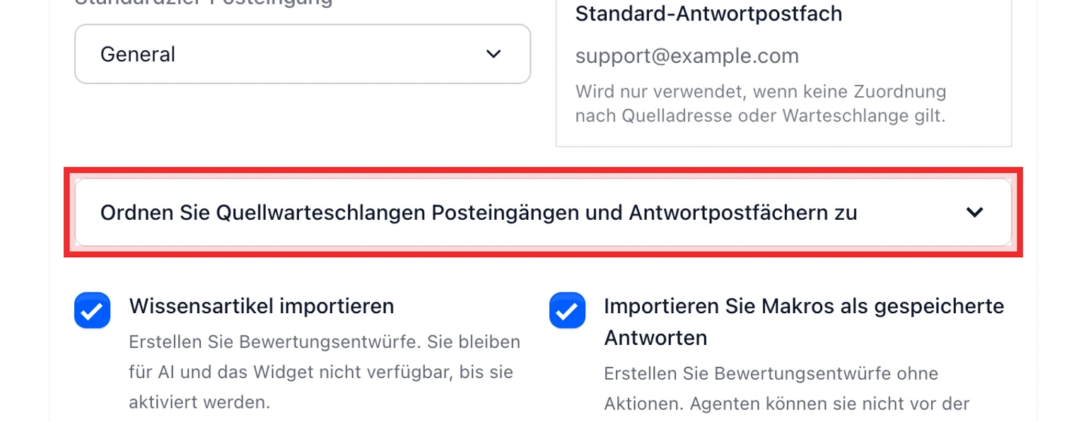Von Crisp zu DobroDesk wechseln: Daten testen und übernehmen, 1. Ordnen Sie jeden Crisp-Posteingang einem DobroDesk-Posteingang und Antwortpostfach zu.