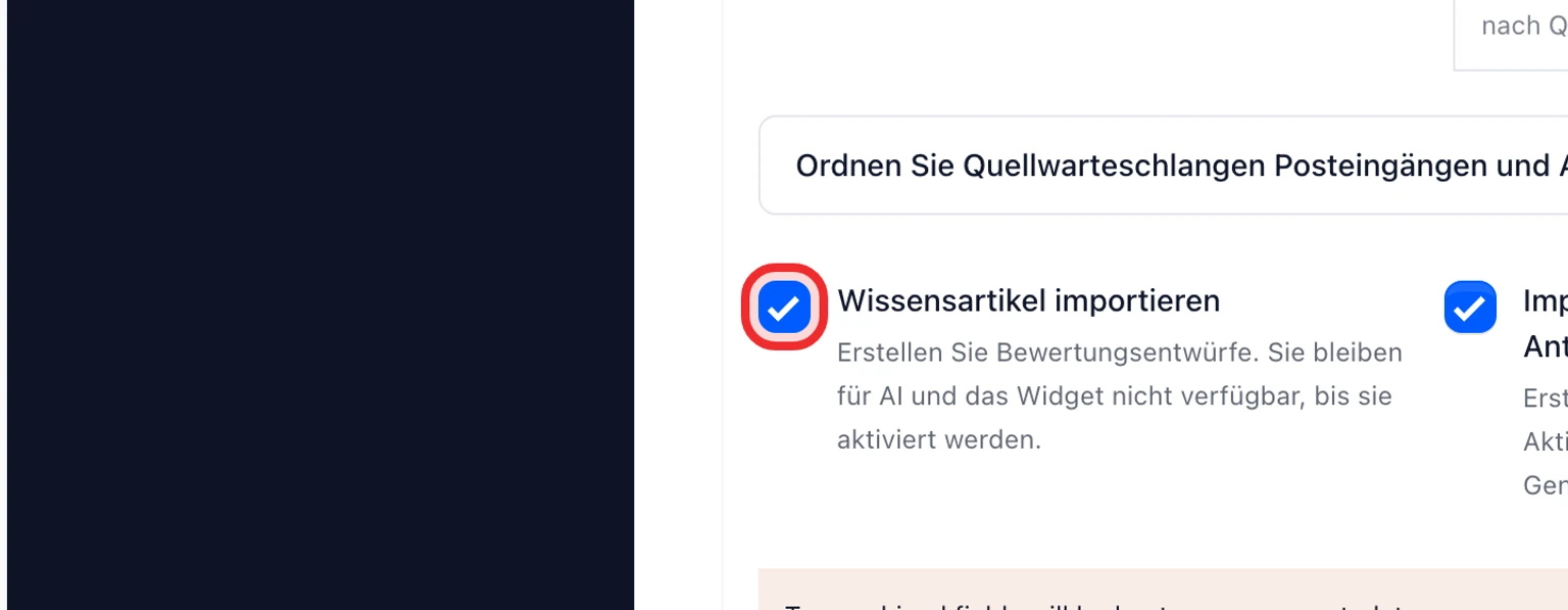 Von Crisp zu DobroDesk wechseln: Daten testen und übernehmen, 2. Lassen Sie Wissensartikel ausgewählt, wenn Crisp-Helpdesk-Artikel als Prüfentwürfe importiert werden sollen. Crisp-Shortcuts werden nicht importiert.