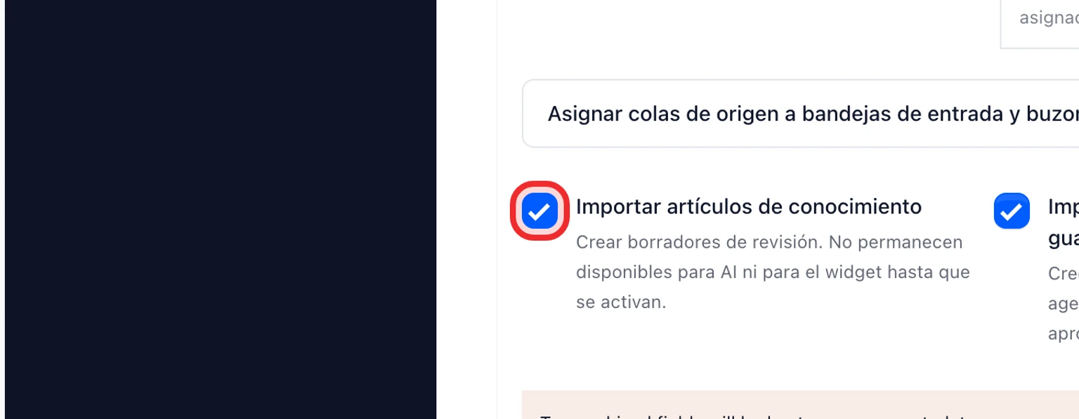 Migrar desde Crisp: Prueba y traslada los datos, 2. Mantén seleccionados los artículos de conocimiento si quieres importar los artículos del centro de ayuda de Crisp como borradores para revisar. Los atajos de Crisp no se importan.