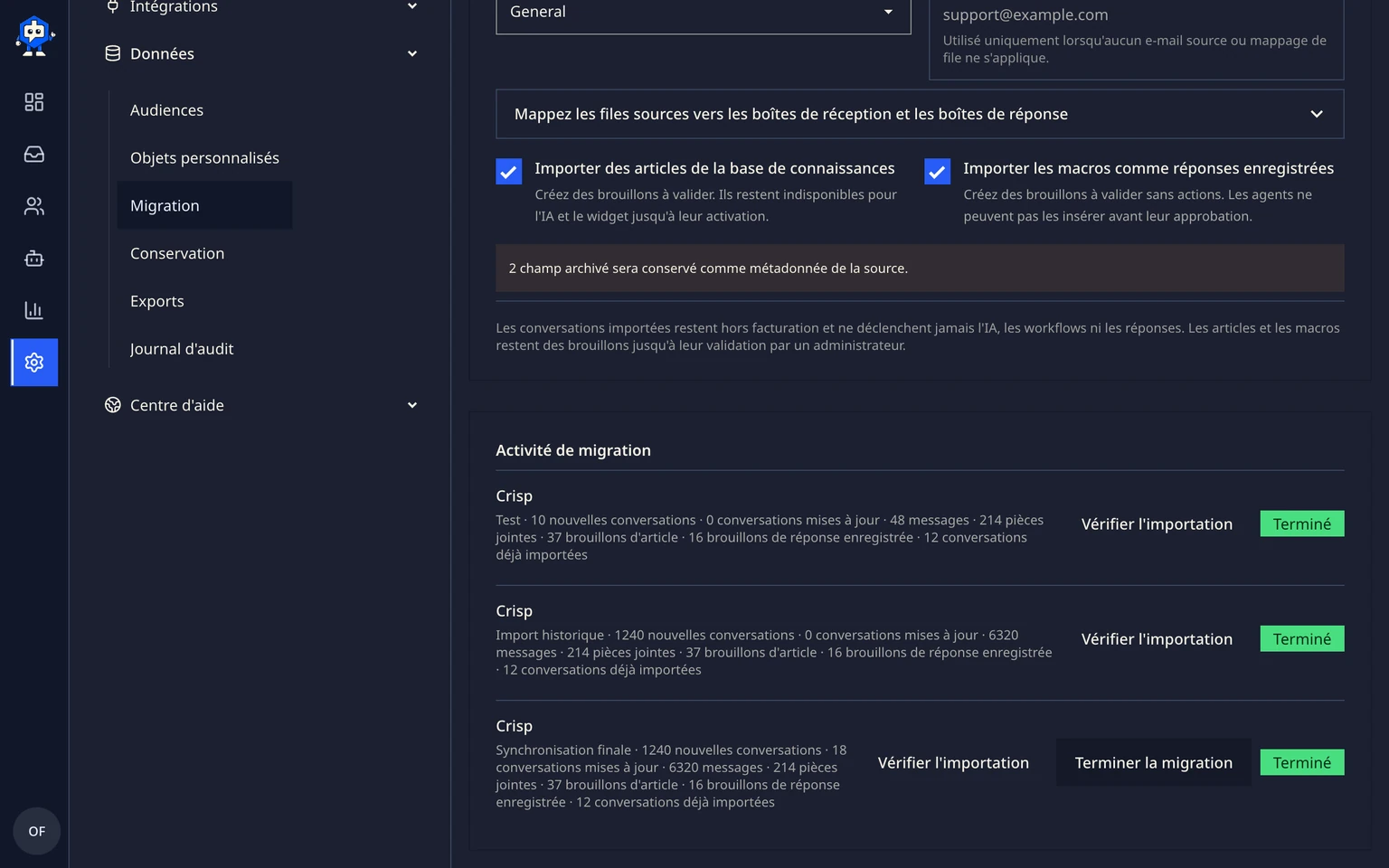 Migrer depuis Crisp: Tester et déplacer vos données, 6. Examinez les conversations sans e-mail et tout contenu de message incompatible, puis terminez la migration.