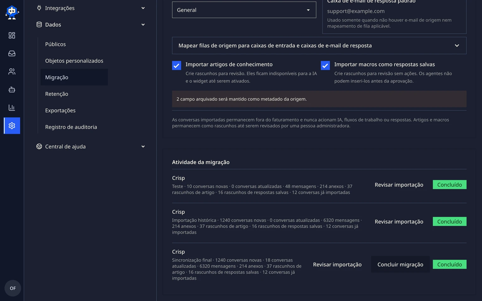 Migrar do Crisp: Testar e mover seus dados, 6. Revise as conversas sem e-mail e qualquer conteúdo de mensagem incompatível e depois conclua a migração.