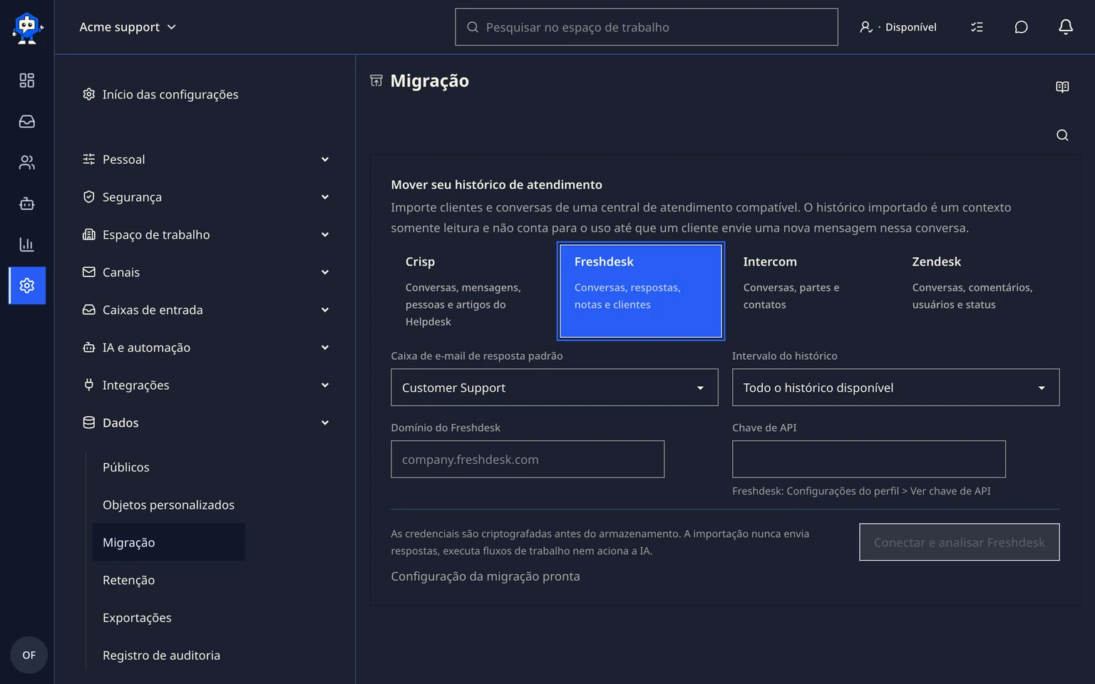 Migrar do Freshdesk: Conectar e analisar o Freshdesk, 1. Abra Administração > Dados > Migração e escolha Freshdesk.