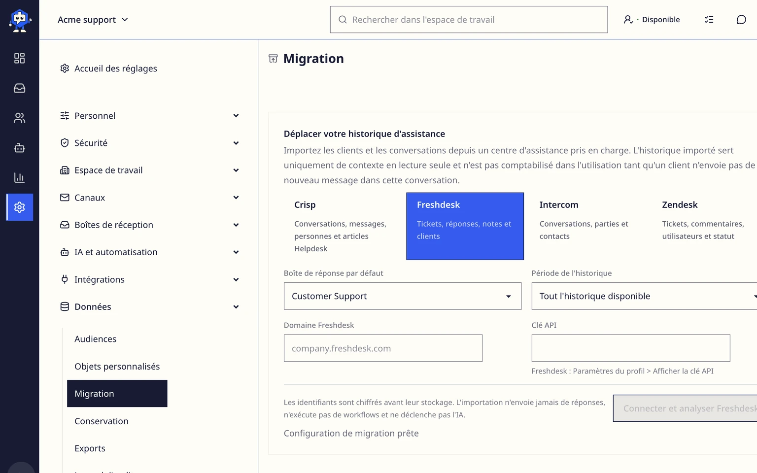 Migrer depuis Freshdesk: Connecter et analyser Freshdesk, 2. Sélectionnez la boîte e-mail cible et la période d'historique.