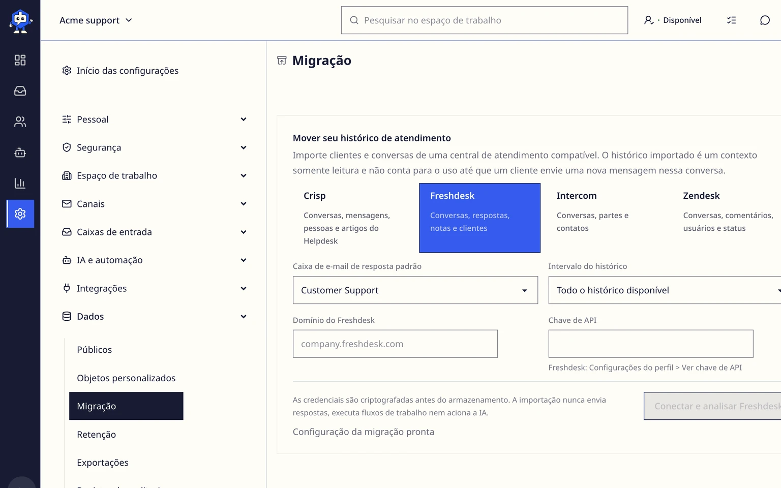 Migrar do Freshdesk: Conectar e analisar o Freshdesk, 2. Selecione a caixa de e-mail de destino e o período do histórico.