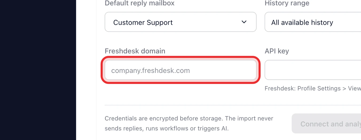 Migrate from Freshdesk: Connect and analyze Freshdesk, 3. Enter your Freshdesk domain and API key.