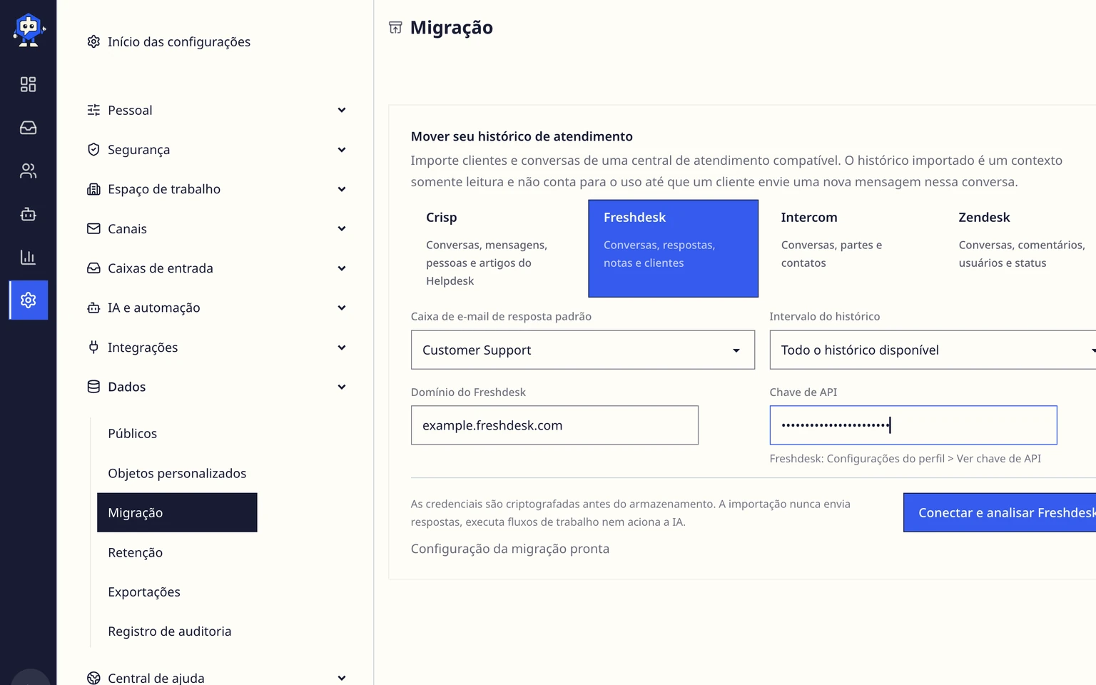 Migrar do Freshdesk: Conectar e analisar o Freshdesk, 4. Selecione Conectar e analisar o Freshdesk.
