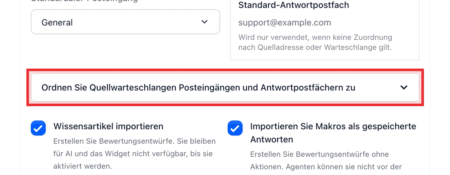 Von Freshdesk migrieren: Daten zuerst testen, dann übernehmen, 1. Ordnen Sie jede Freshdesk-Support-Adresse, jedes Produkt und jede Gruppe einem DobroDesk-Posteingang und Antwortpostfach zu.