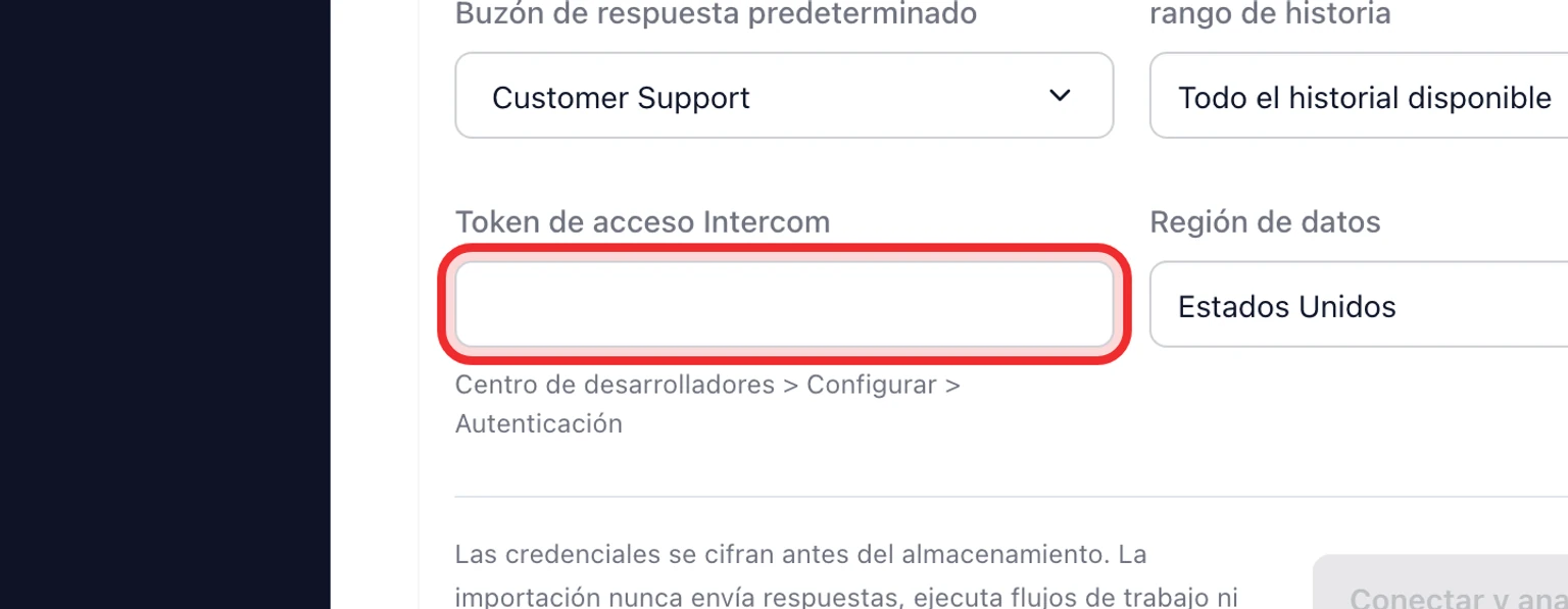 Configuración de migración de Intercom a DobroDesk con token, región, buzón y rango del historial.