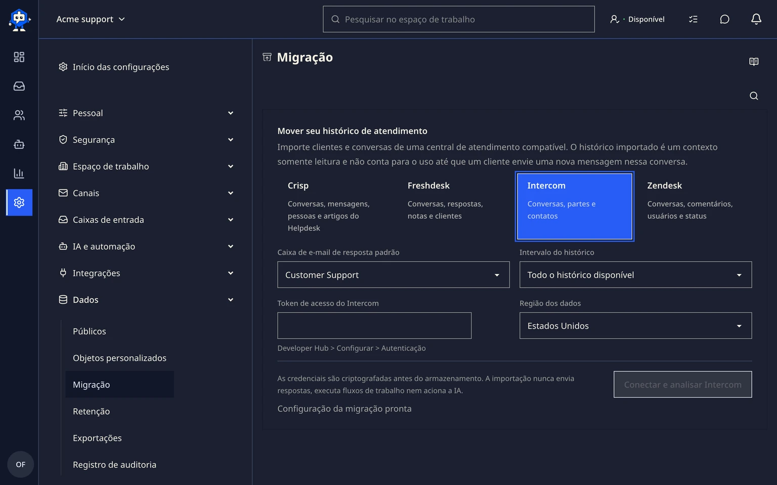 Migrar do Intercom: Conectar e analisar o Intercom, 1. Abra Administração > Dados > Migração e escolha Intercom.