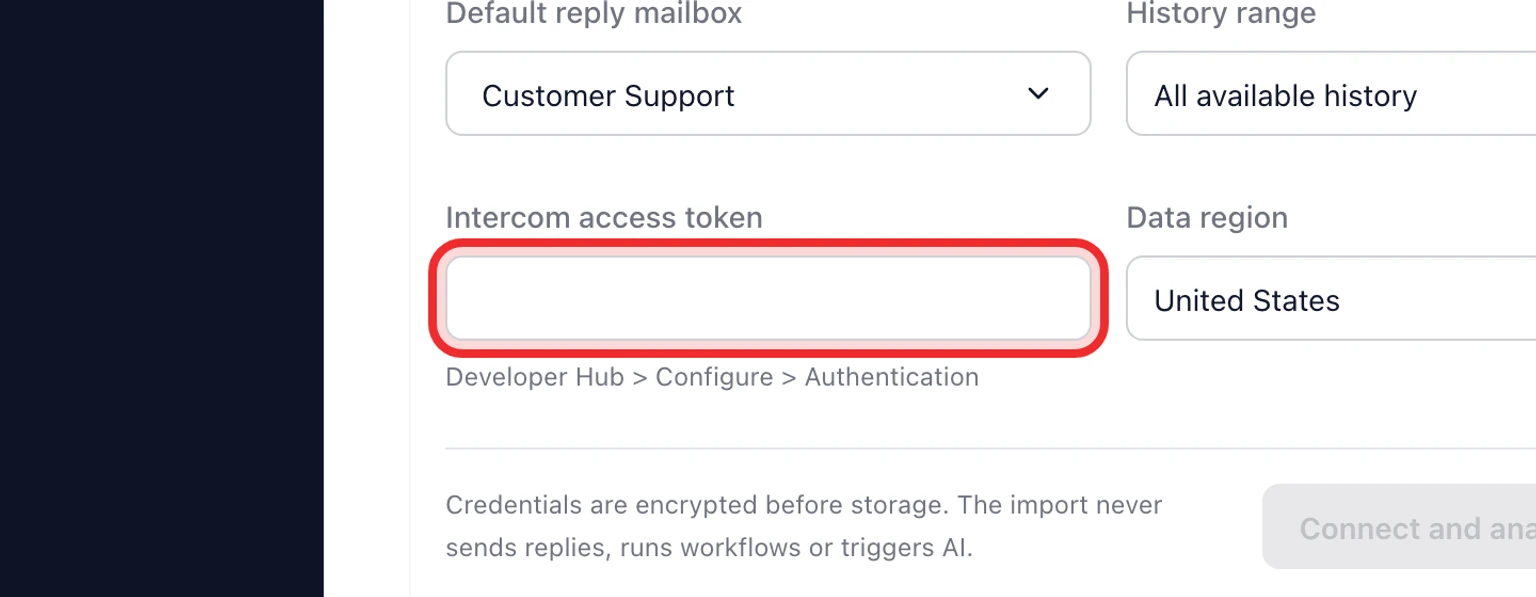 DobroDesk Intercom migration setup showing the access token, data region, destination mailbox and history range.