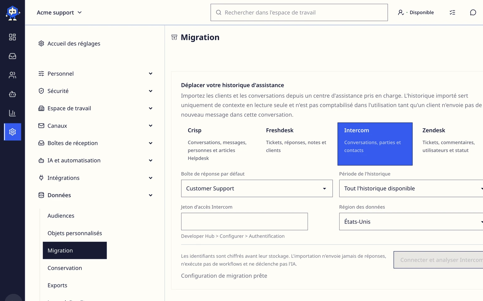 Migrer depuis Intercom: Connecter et analyser Intercom, 2. Sélectionnez la boîte e-mail cible et la période d'historique.