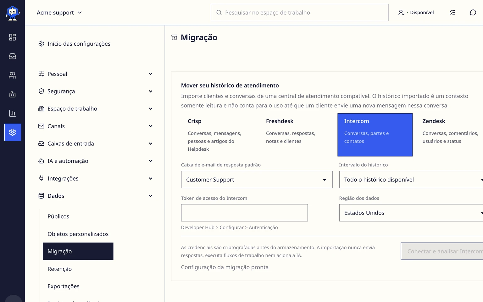 Migrar do Intercom: Conectar e analisar o Intercom, 2. Selecione a caixa de e-mail de destino e o período do histórico.