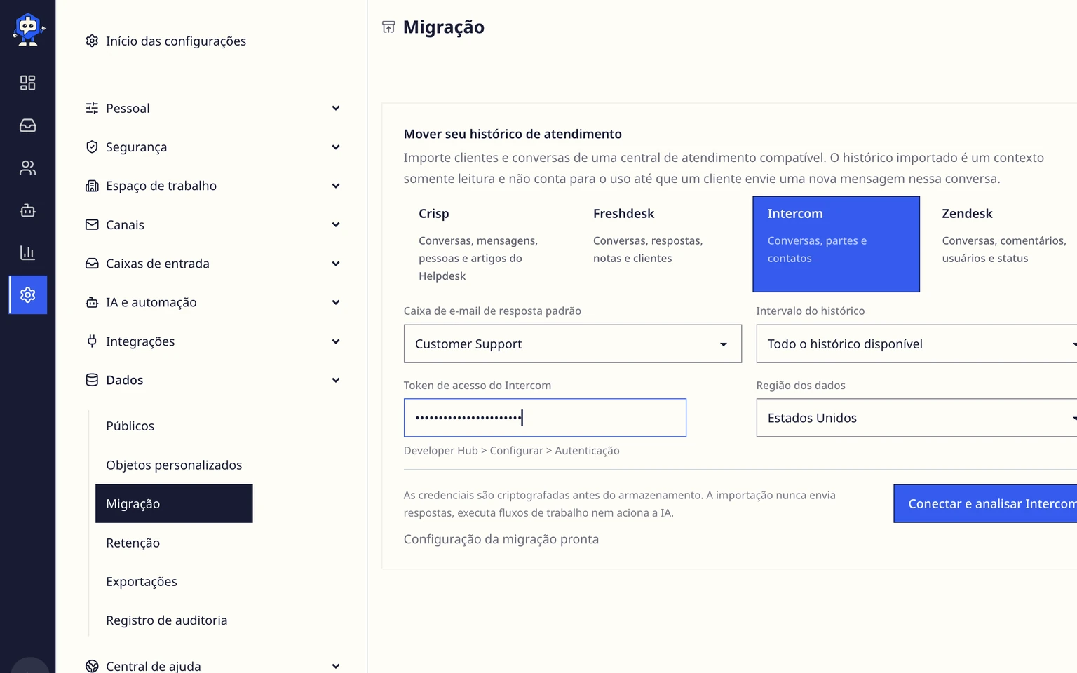 Migrar do Intercom: Conectar e analisar o Intercom, 4. Selecione Conectar e analisar o Intercom.