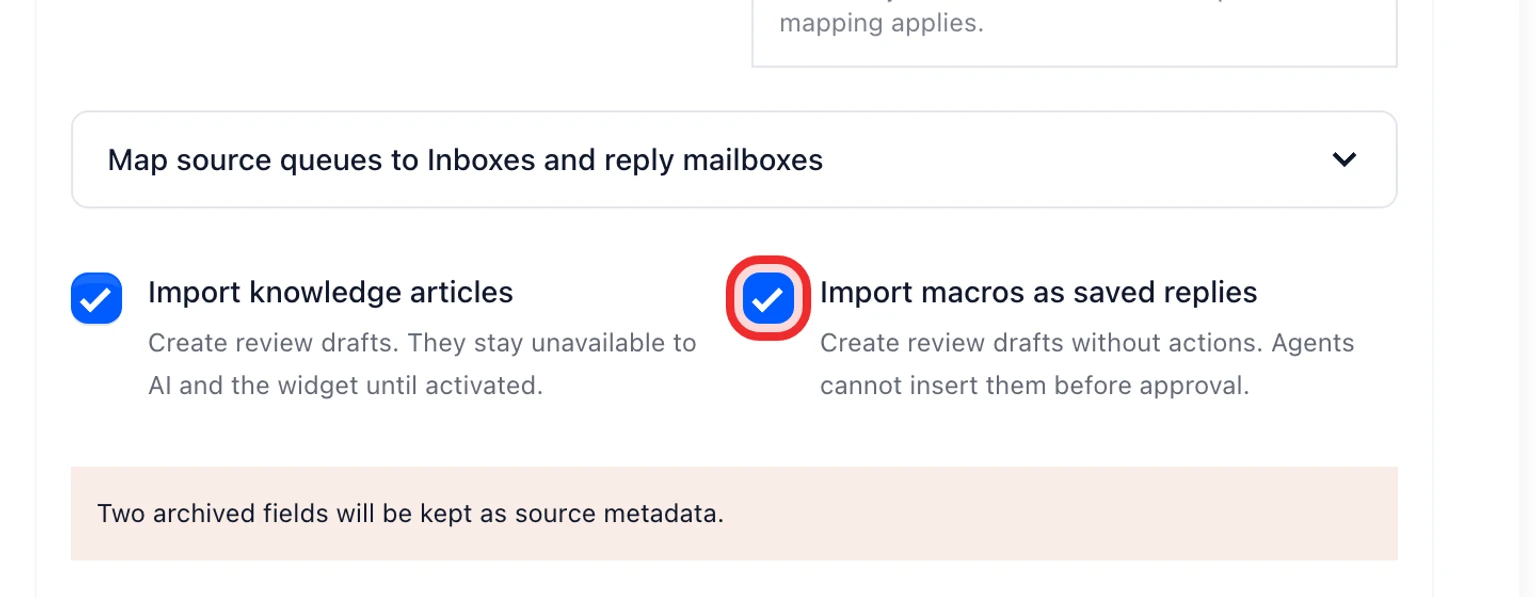 Migrate from Intercom: Test then move your data, 2. Keep knowledge articles and macros selected if you want review drafts. Macro access depends on the token.