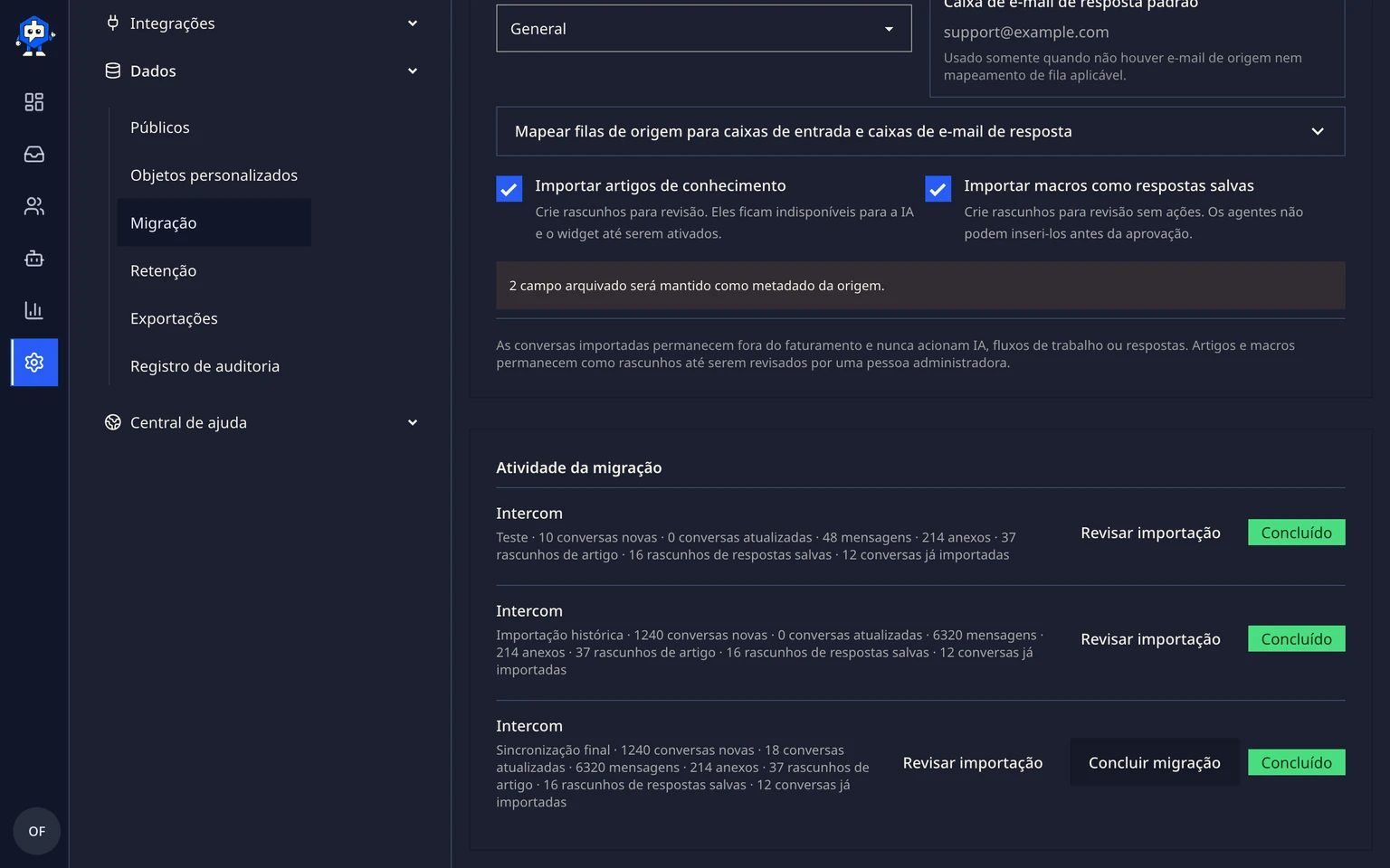 Migrar do Intercom: Testar e mover seus dados, 6. Revise a reconciliação e conclua a migração.