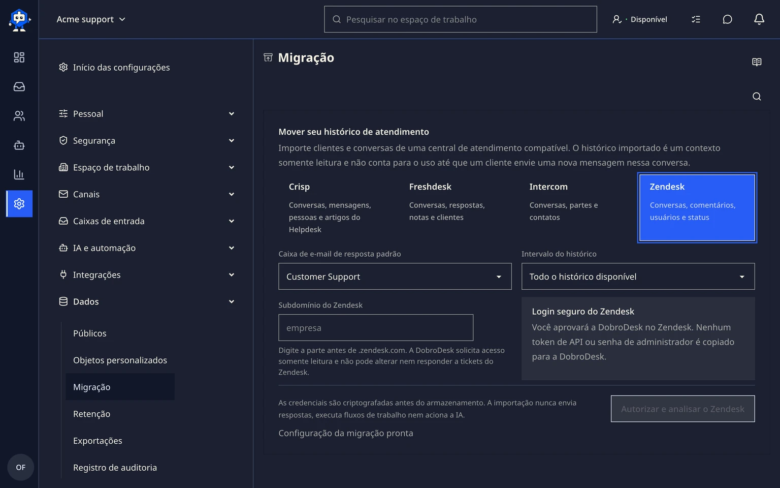 Migrar do Zendesk: Conectar e analisar o Zendesk, 1. Abra Administração > Dados > Migração e escolha Zendesk.