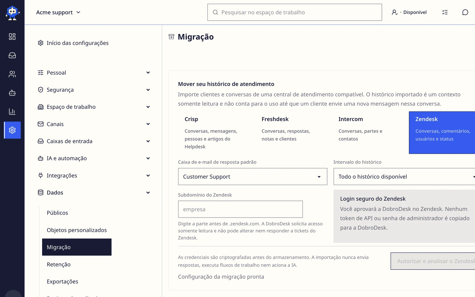 Migrar do Zendesk: Conectar e analisar o Zendesk, 2. Selecione a caixa de e-mail de destino e o período do histórico.
