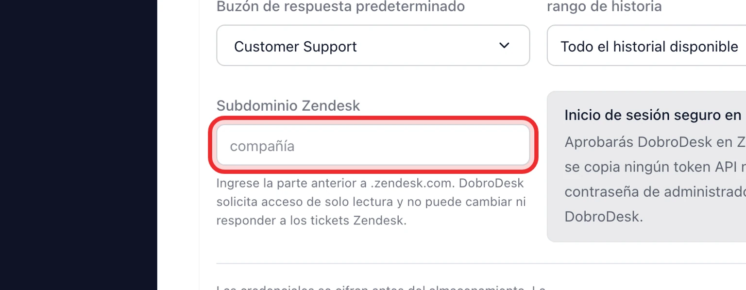 Migra desde Zendesk: Conecta y analiza Zendesk, 3. Introduce el subdominio de Zendesk. No pegues un token de API ni una contraseña de administrador.