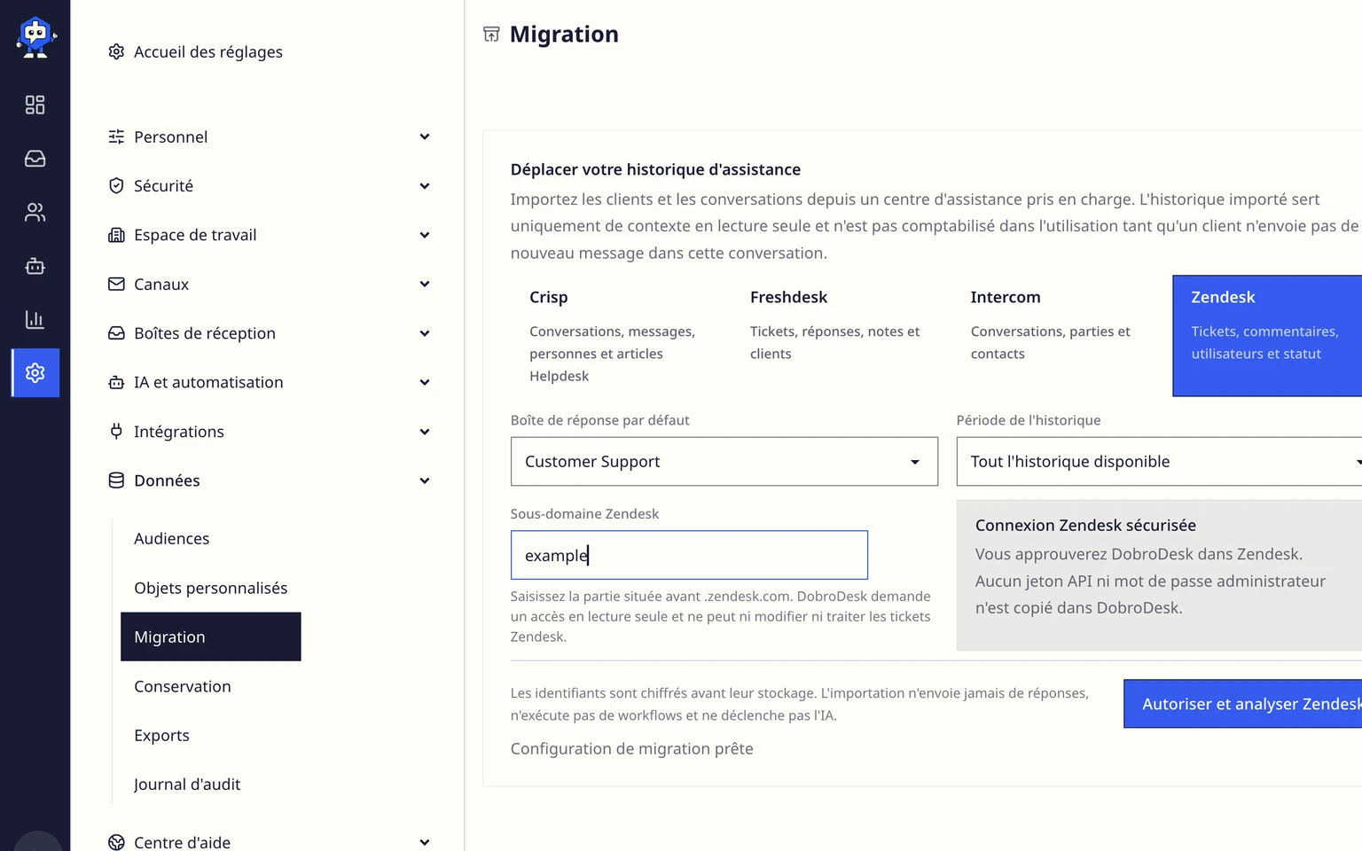 Migrer depuis Zendesk: Connecter et analyser Zendesk, 4. Choisissez Autoriser et analyser Zendesk, approuvez l'accès en lecture seule dans Zendesk, puis revenez dans DobroDesk.