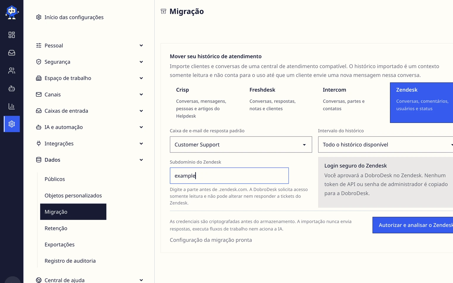 Migrar do Zendesk: Conectar e analisar o Zendesk, 4. Selecione Autorizar e analisar o Zendesk, aprove o acesso somente para leitura no Zendesk e depois volte ao DobroDesk.