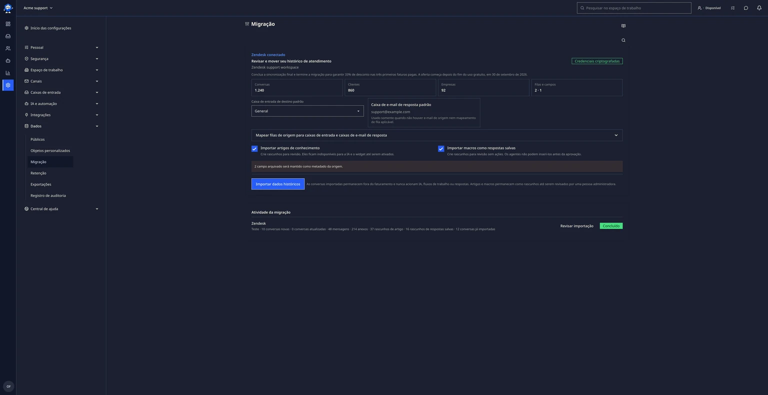Migrar do Zendesk: Conectar e analisar o Zendesk, 5. Revise os grupos, os campos personalizados, os status e os avisos detectados.