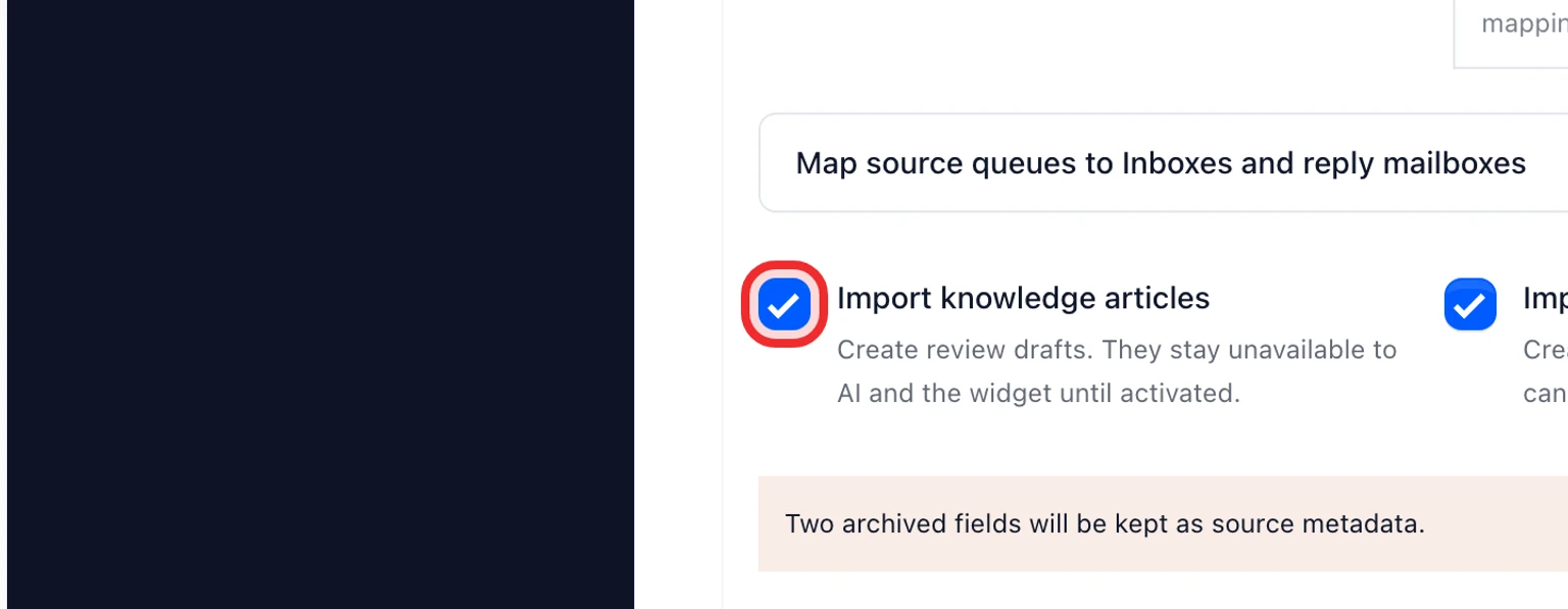 Migrate from Zendesk: Test then move your data, 2. Keep Help Center articles and macros selected if you want review drafts.