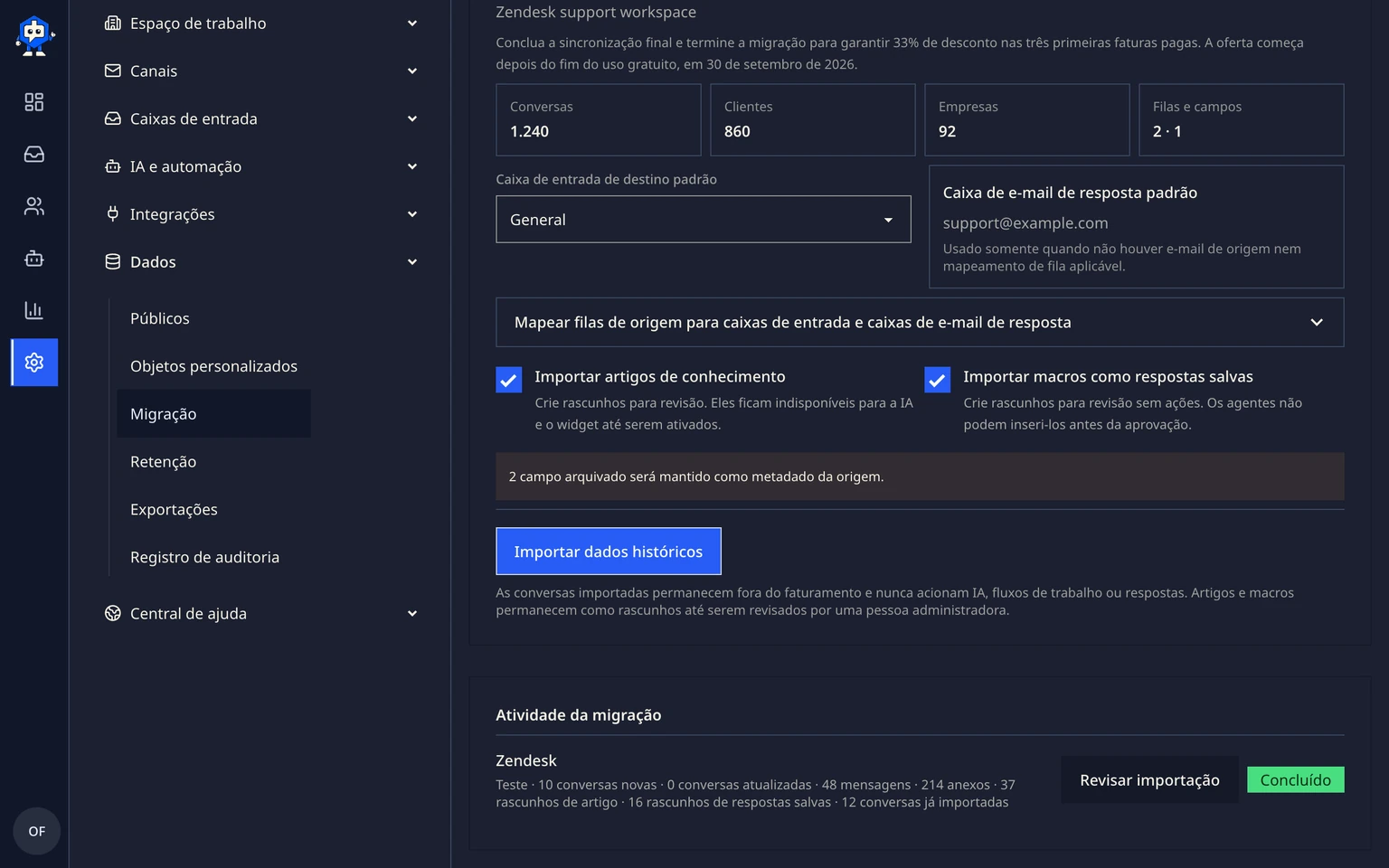 Migrar do Zendesk: Testar e mover seus dados, 4. Confira os clientes, as organizações, a ordem das mensagens, as notas privadas e os anexos.