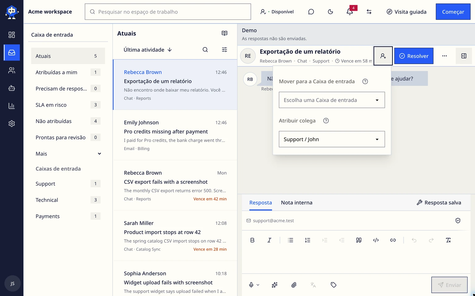 Trabalhar na Caixa de entrada de suporte do DobroDesk: Fazer a triagem da próxima conversa