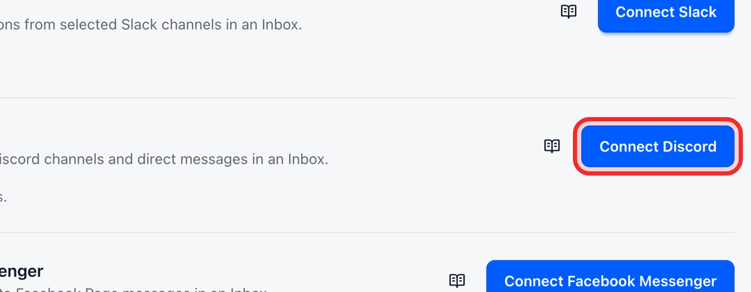 Connect a Discord support channel: Connect Discord and enable message access, 1. Open Admin > Channels > Messaging channels and select Connect Discord.