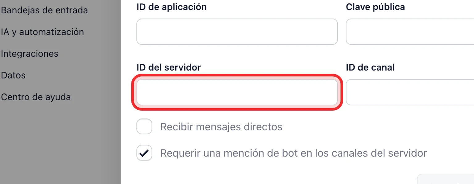 Conecta un canal de soporte de Discord: Conecta Discord y activa el acceso a mensajes, 3. Introduce el token del bot, ID de aplicación, clave pública, ID del servidor e ID de canal seleccionados.