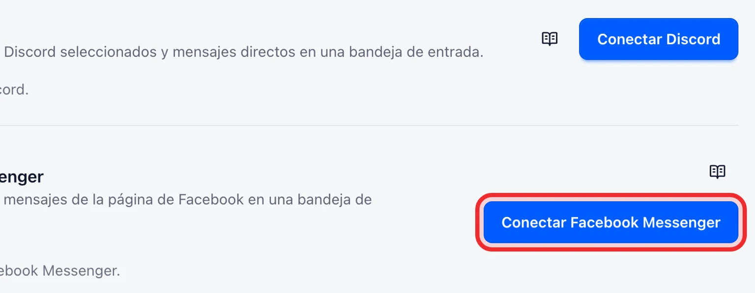 Conecta un canal de soporte de Facebook Messenger: Completa la verificación del callback en Meta, 1. Abre Administración > Canales > Canales de mensajería y selecciona Conectar Facebook Messenger.