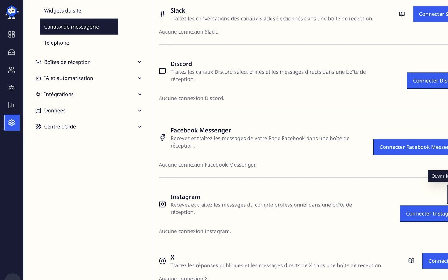 Connecter un canal d'assistance Facebook Messenger: Terminer la vérification du callback dans Meta, 1. Ouvrez Administration > Canaux > Canaux de messagerie, puis choisissez Connecter Facebook Messenger.