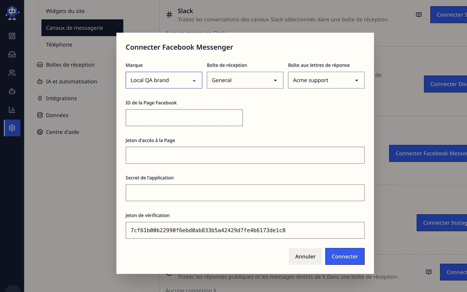 Connecter un canal d'assistance Facebook Messenger: Terminer la vérification du callback dans Meta, 2. Choisissez la marque, la boîte de réception et la boîte e-mail de réponse responsables de ce canal, puis saisissez l'ID de la Page Facebook, le jeton d'accès à la Page, le secret d'application et le jeton de vérification.