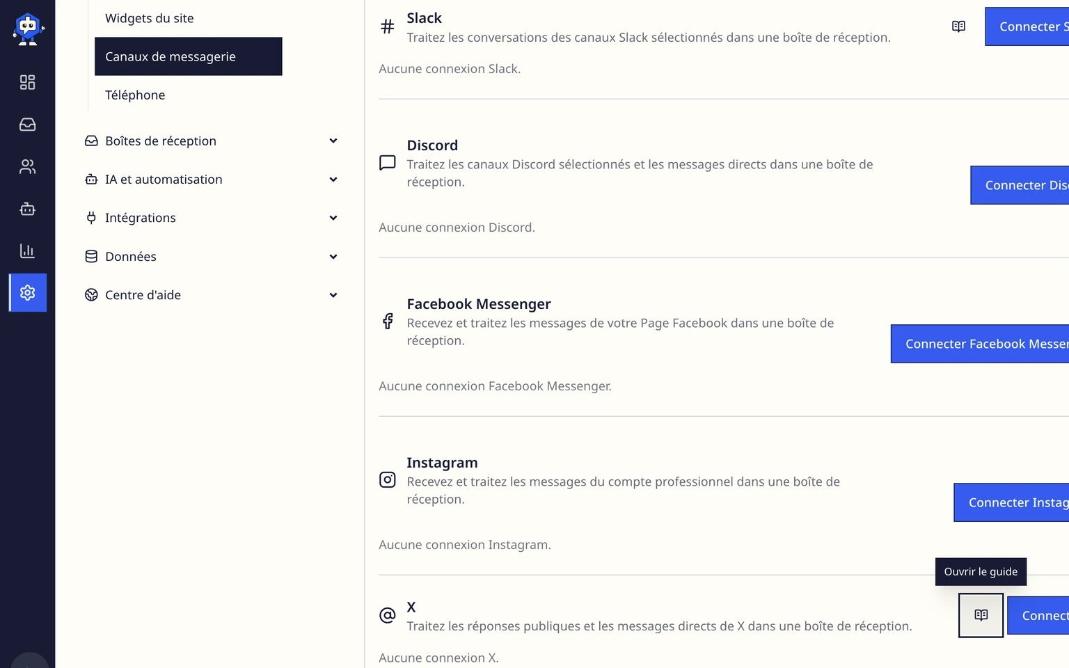 Connecter un canal d'assistance Instagram: Terminer la vérification du callback dans Meta, 1. Ouvrez Administration > Canaux > Canaux de messagerie, puis choisissez Connecter Instagram.
