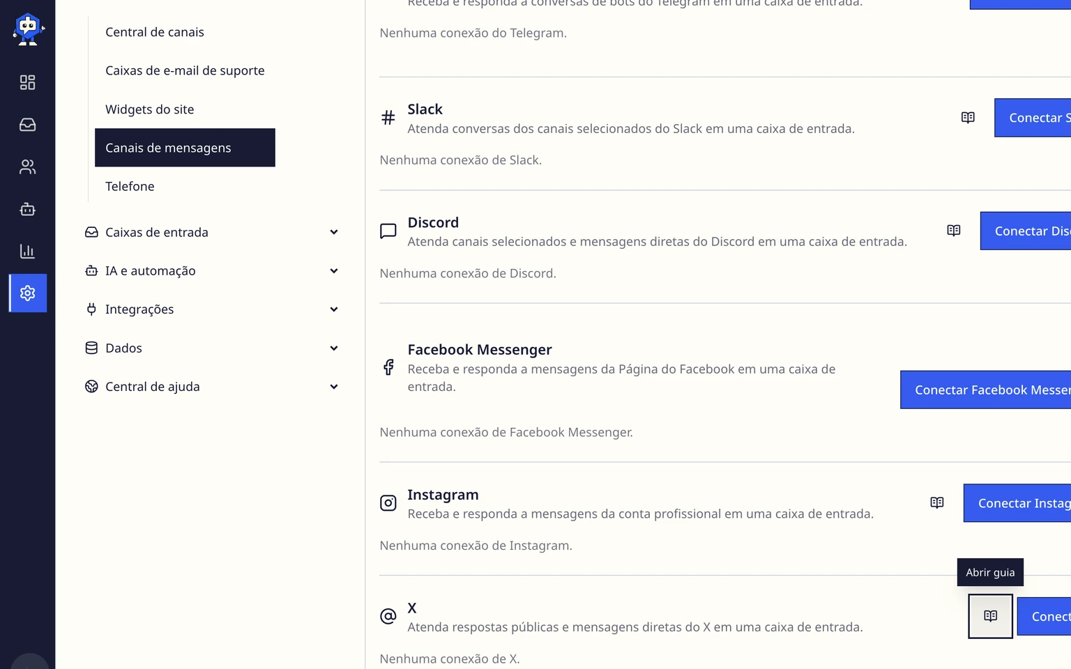 Conectar um canal de suporte do Instagram: Concluir a verificação do callback na Meta, 1. Abra Administração > Canais > Canais de mensagens e escolha Conectar Instagram.