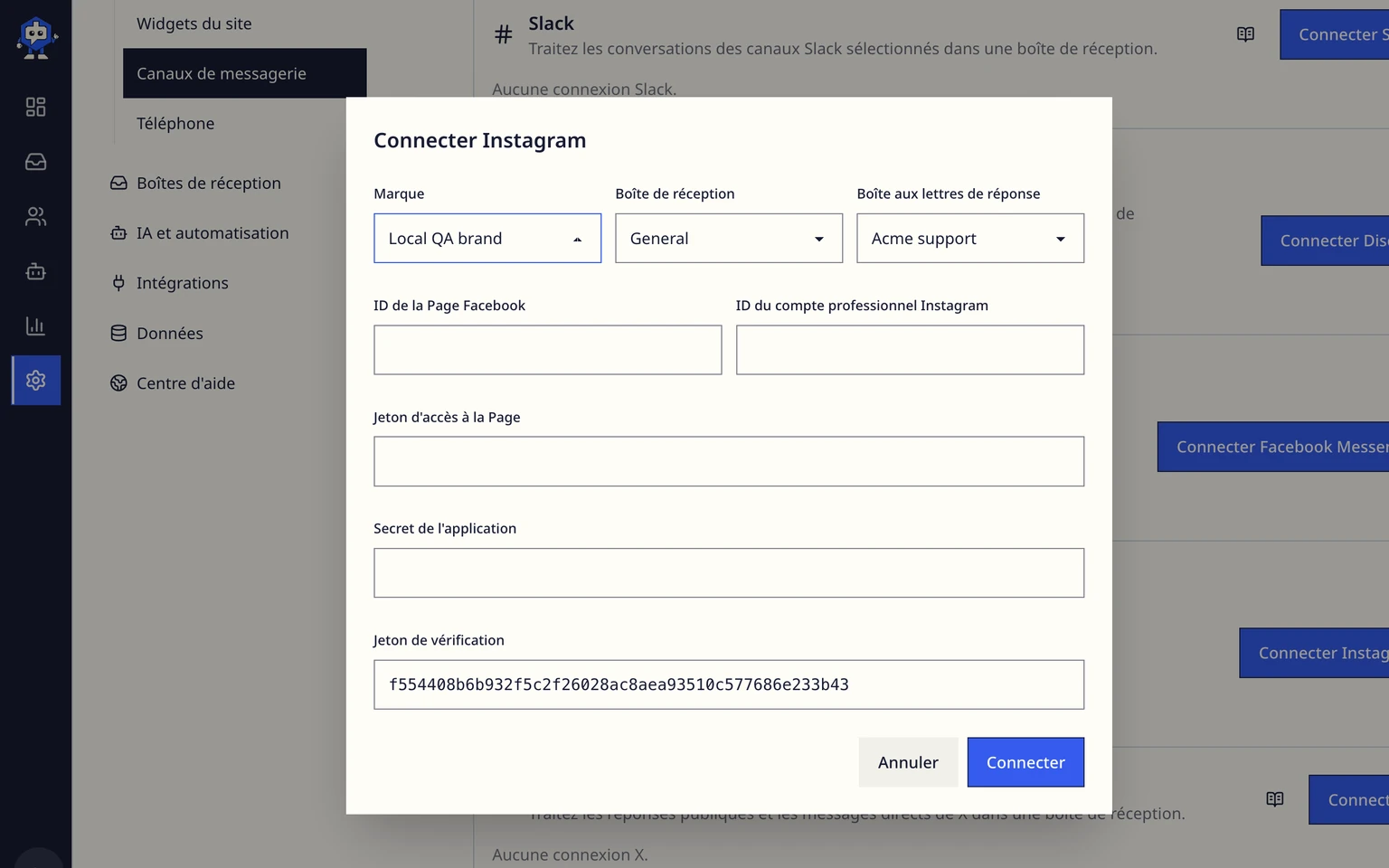 Connecter un canal d'assistance Instagram: Terminer la vérification du callback dans Meta, 2. Choisissez la marque, la boîte de réception et la boîte e-mail de réponse responsables de ce canal, puis saisissez l'ID de la Page Facebook, l'ID du compte Instagram professionnel, le jeton d'accès à la Page, le secret d'application et le jeton de vérification.