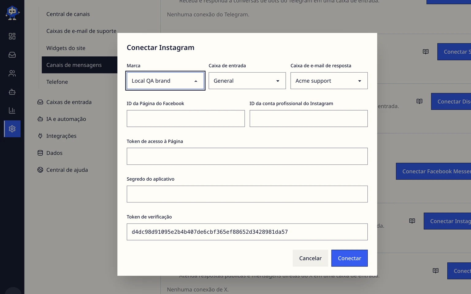 Conectar um canal de suporte do Instagram: Concluir a verificação do callback na Meta, 2. Escolha a Marca, a Caixa de entrada e a caixa de e-mail de resposta que devem ser responsáveis por este canal e digite o ID da Página do Facebook, o ID da conta profissional do Instagram, o token de acesso da Página, o segredo do app e o token de verificação.