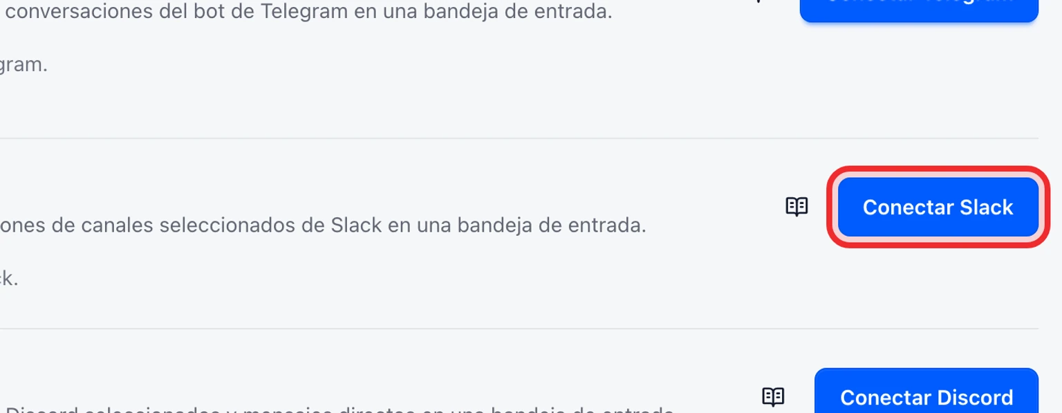 Conecta un canal de soporte de Slack: Conecta Slack y añade la URL de solicitud, 1. Abre Administración > Canales > Canales de mensajería y selecciona Conectar Slack.