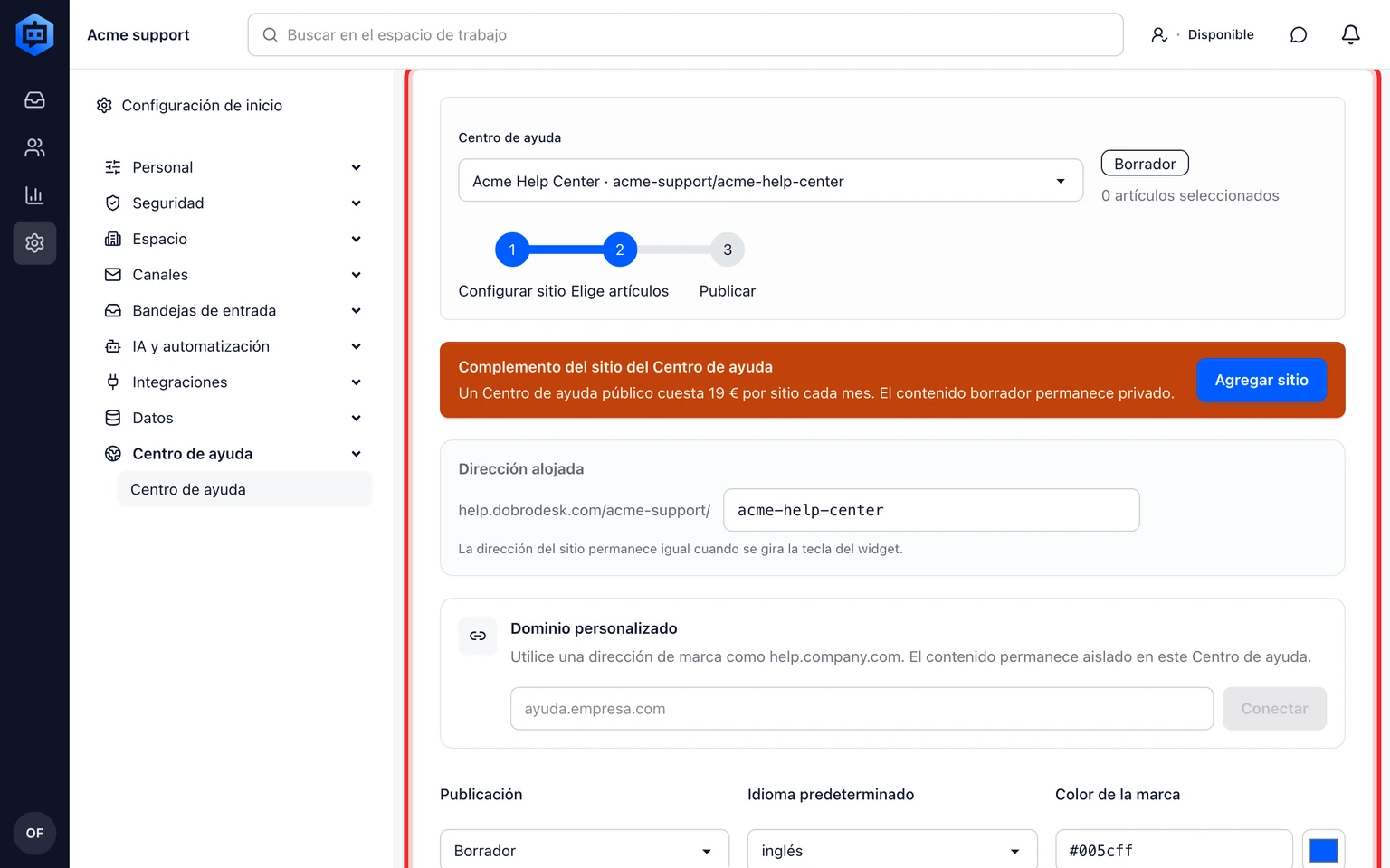 Publica un Centro de ayuda para clientes: Configura y publica un sitio, 1. Abre Administración > Centro de ayuda y elige el sitio vinculado al widget correcto.