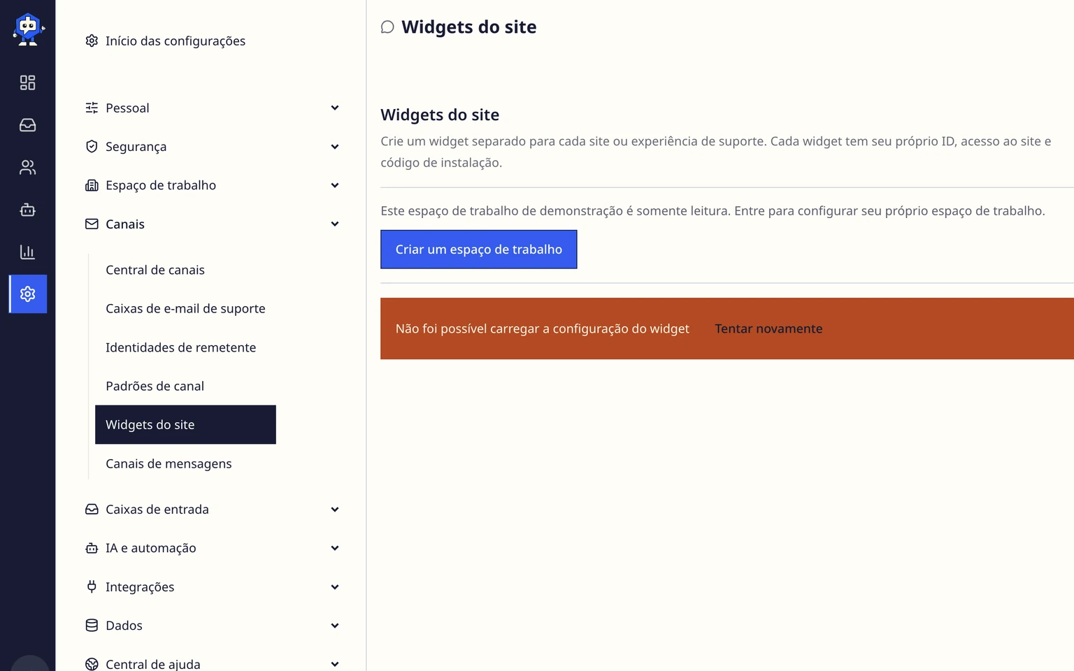 Publicar uma Central de ajuda para clientes: Configurar e publicar um site, 1. Abra Administração > Central de ajuda > Autoatendimento e escolha o site vinculado ao widget correto do site.