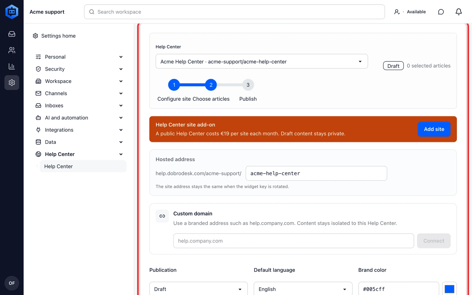 Publish a customer Help Center: Configure and publish one site, 1. Open Admin > Help Center > Self-serve and choose the site bound to the correct website widget.