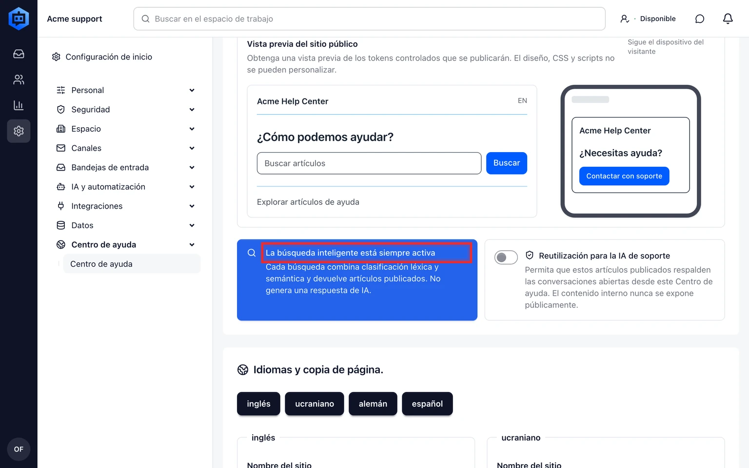 Publica un Centro de ayuda para clientes: Configura y publica un sitio, 4. Elige los artículos aprobados para este sitio. Los artículos de otro espacio de trabajo, Marca o Bandeja no están disponibles.