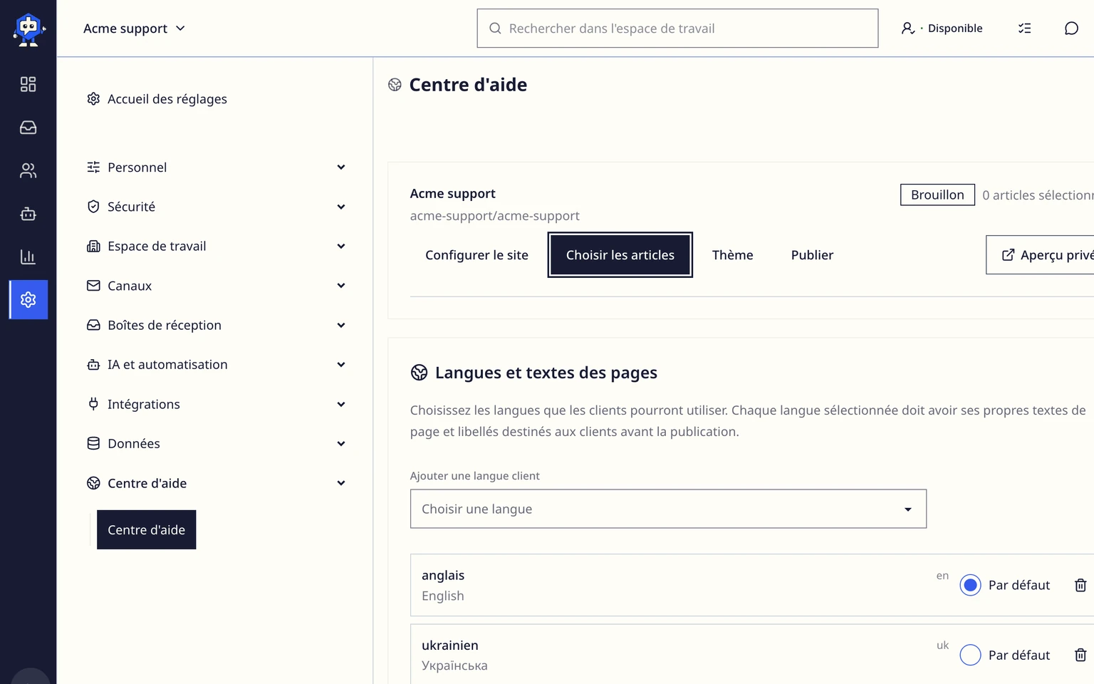 Publier un Centre d'aide pour les clients: Configurer et publier un site, 4. Dans Langues et texte de page, recherchez et ajoutez les langues que les clients peuvent utiliser. Cette liste est indépendante de la langue d'interface de l'application. Choisissez une langue par défaut ou supprimez-en une si nécessaire.